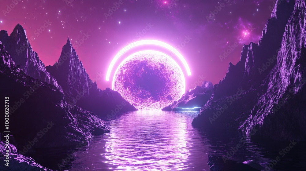 A futuristic, sci-fi landscape featuring a neon-lit cold planet, galaxy, and reflective water, with a space portal illuminated by neon light. 3D rendering