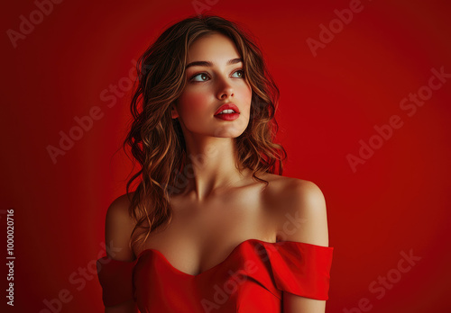 Portrait of a beautiful woman with wavy brunette hair wearing a red dress against an isolated background