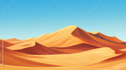 Expansive desert landscape with rolling sand dunes and clear blue sky , desert, sand dunes, arid, landscape, vast, nature. Rolling Dunes. Illustration