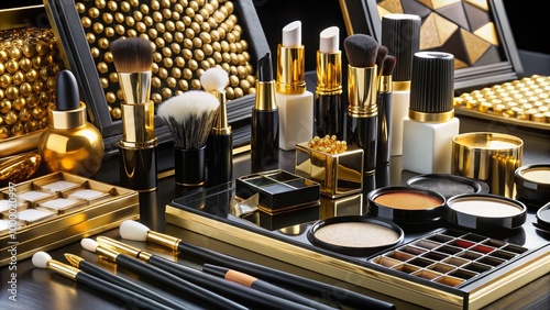 Elegant Black Gold Makeup Display on a Sleek Surface with Brushes and Accessories Ready for Use photo