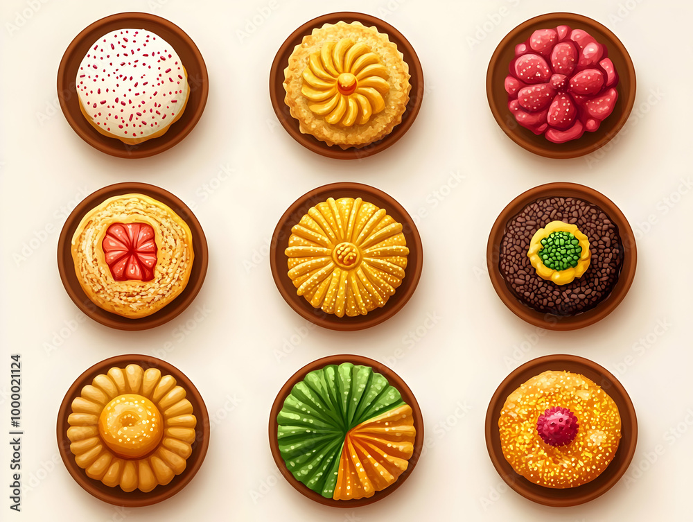 Futuristic Flat Macro Vector Illustration of Bhai Dooj Sweets: Textured Traditions with Glowing Elements, Capturing Vibrant Colors and Aesthetics in a Smooth Camera Pan