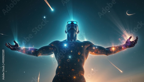 Enveloppé de nébuleuses étincelantes sur son corps, l'homme libère une énergie cosmique de ses yeux et de ses mains, fusionnant avec l'immensité de l'espace en arrière-plan.