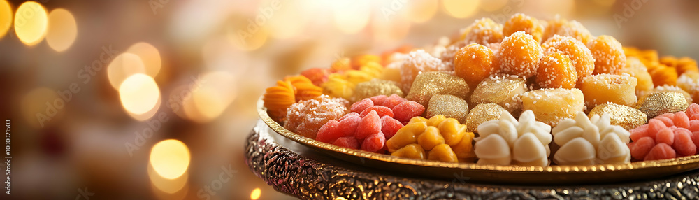 Glossy Bhai Dooj Background: Close-Up of Festive Sweets on Decorative Plate with Shiny Reflections - Perfect Photo Stock Concept Glossy Bhai Dooj Background: Close-Up of Festive Sweets on Decorative Plate with Shiny Reflections - Perfect Photo Stock Concept