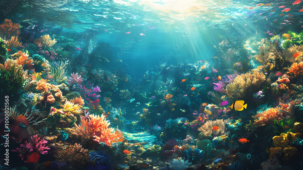 Fototapeta premium Explore an underwater world teeming with life, where coral reefs bloom like gardens and fish dart like shooting stars in the vast ocean expanse. Coral Garden. Illustration