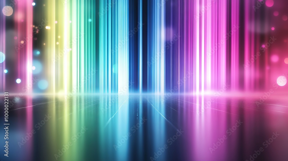 An abstract background with glowing neon lines in green, blue, white, pink, and violet colors, reflecting on a shiny stage An abstract background with glowing neon lines in green, blue, white, pink, and violet colors, reflecting on a shiny stage