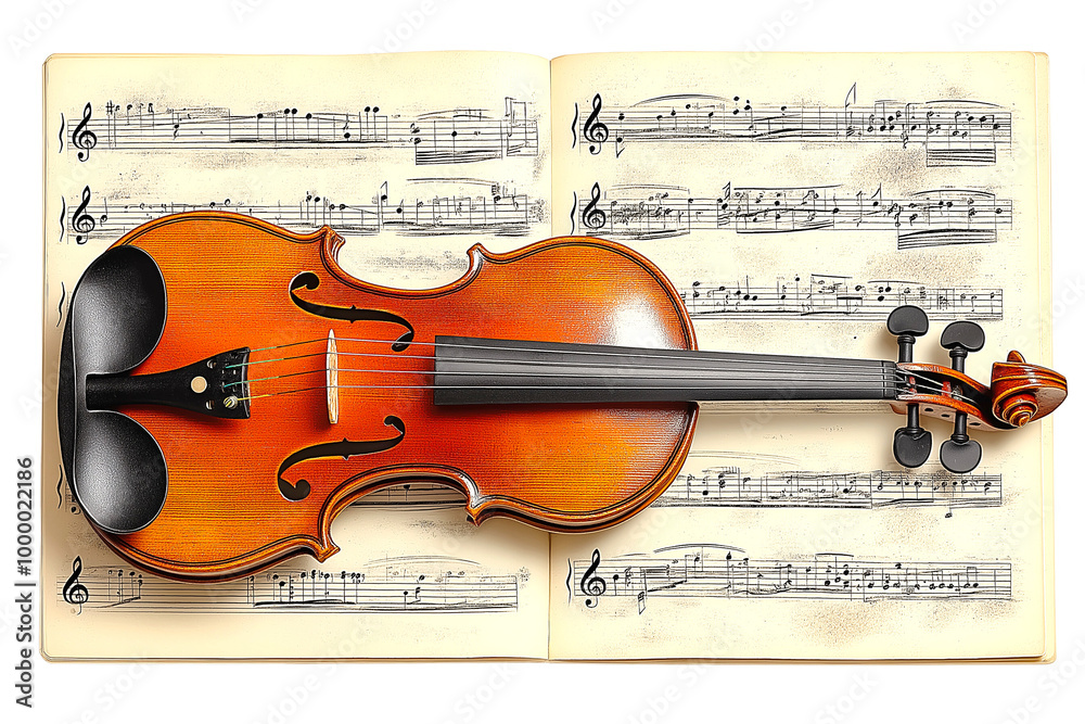 Fototapeta premium Orchestra sheet music with a violin placed on top, isolated on transparent background 
