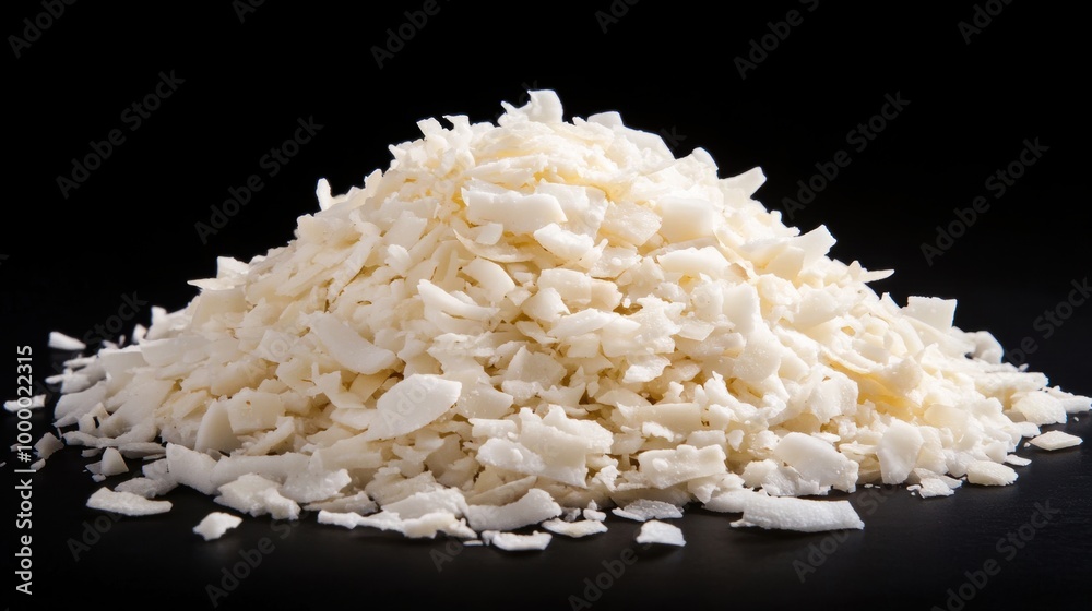 A pile of coconut flakes closeup view A pile of coconut flakes closeup view