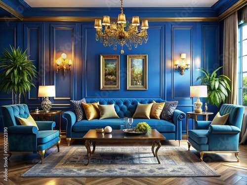 Elegant Blue and Gold Living Room Interior Design Featuring Cozy Furniture and Stylish Decor Elements