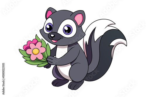 Skunk Holding Bouquet and Blushing Clipart Vector Illustration photo