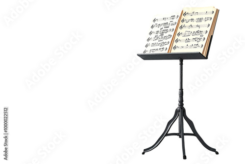 Music stand with sheet music placed on it, isolated on a transparent background	