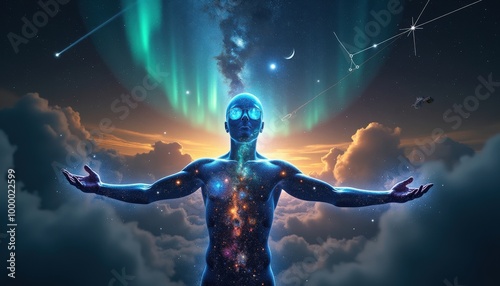 Les étoiles et nébuleuses s'étendent sur sa peau, tandis que des éclairs d’énergie cosmique jaillissent de ses yeux et de ses mains. L’espace derrière lui semble s'animer de sa puissance.