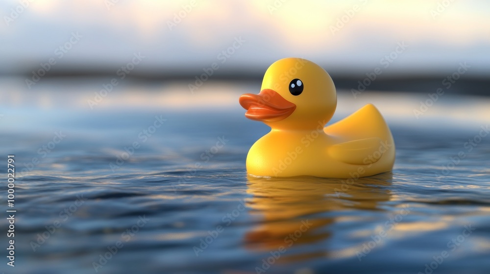 A cheerful yellow rubber duck floats on calm water, reflecting a serene atmosphere. A cheerful yellow rubber duck floats on calm water, reflecting a serene atmosphere.