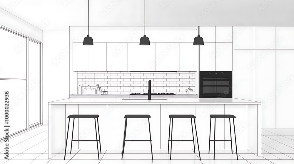 Modern Kitchen Island with Bar Stools and Pendant Lights Architectural Drawing Modern Kitchen Island with Bar Stools and Pendant Lights Architectural Drawing
