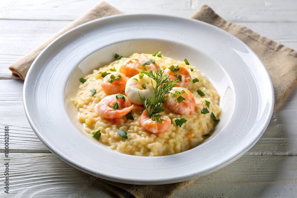 Italian lunch of shrimp creamy risotto with cheese on white dish Italian lunch of shrimp creamy risotto with cheese on white dish