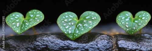 Heart-shaped leaves with white spots on a dark background, signifying life and growth emerging from the earth photo