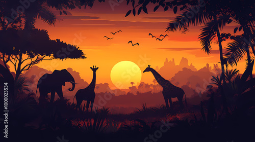 Jungle landscape with giraffe and elephant silhouettes. silhouette illustration. Savannah Sunrise. Illustration