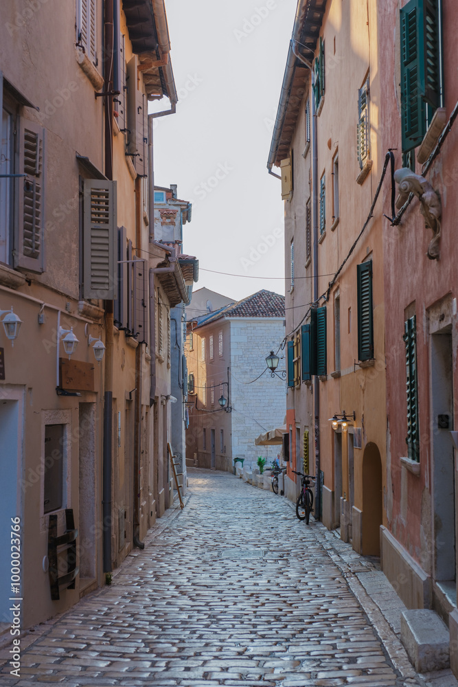 Fototapeta premium Wandering through the charming cobblestone streets of Rovinj, Croatia during golden hour