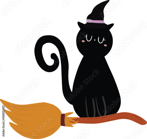 Happy Halloween. Black cat with hat of a witch and broom