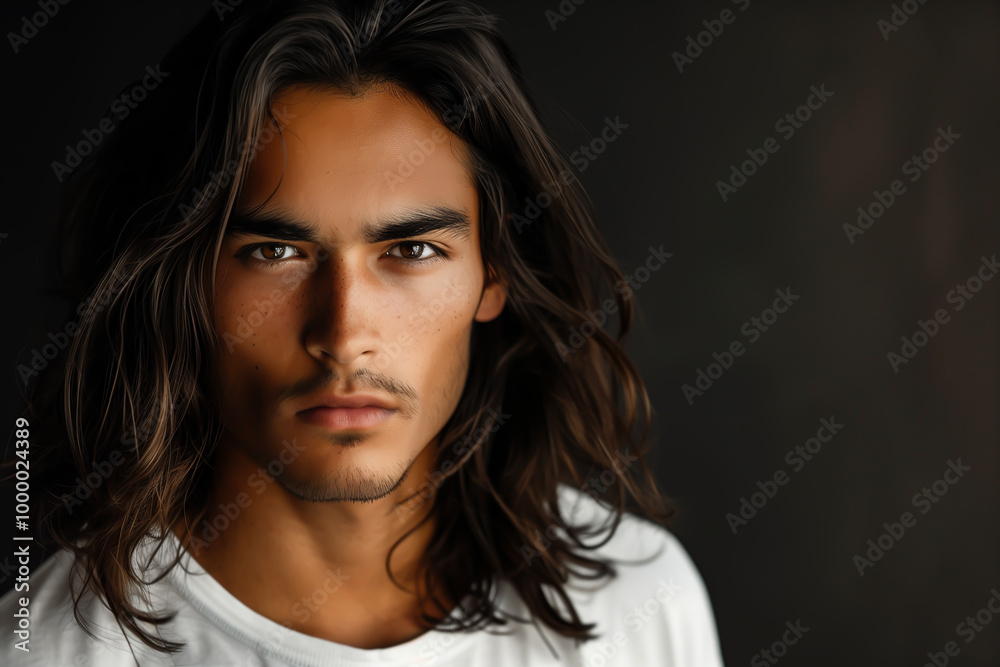 Close-up portrait of a very handsome young hispanic / latino man with brown long hair, deep brown eyes, and a white t-shirt - dark background, copy space, isolated Close-up portrait of a very handsome young hispanic / latino man with brown long hair, deep brown eyes, and a white t-shirt - dark background, copy space, isolated