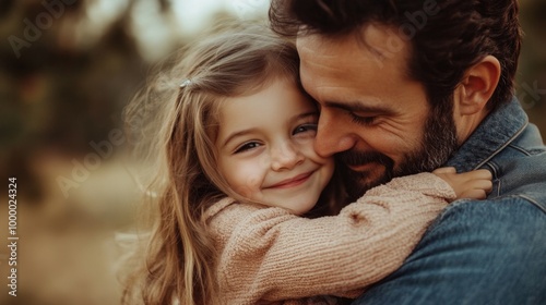 Happy father and daughter embracing in a loving hug outdoors. Concept of family love, parenthood, and togetherness.