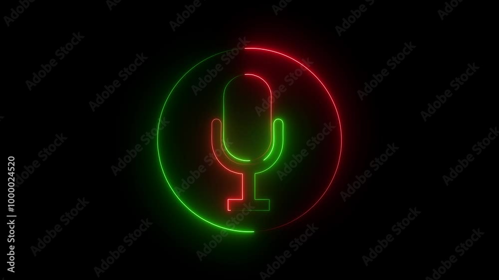 Neon microphone icon animation with circle. Voice recording icon on black background. Microphone Voice recording podcast, mic microphone button icon . Neon microphone icon animation with circle. Voice recording icon on black background. Microphone Voice recording podcast, mic microphone button icon .