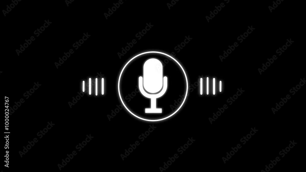 Audio wave microphone icon animation on black background. Recording podcast microphone icon animation with sound waves. Voice recording and podcast mic microphone button icon animation. Audio wave microphone icon animation on black background. Recording podcast microphone icon animation with sound waves. Voice recording and podcast mic microphone button icon animation.