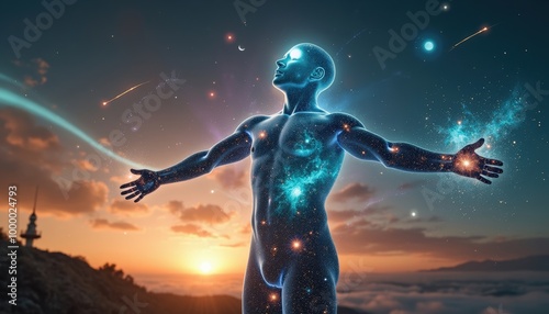 L’espace infini en arrière-plan, des nébuleuses scintillantes se dessinent sur le corps de l'homme, tandis que de l'énergie pure jaillit de ses mains et de ses yeux en un rayonnement cosmique.