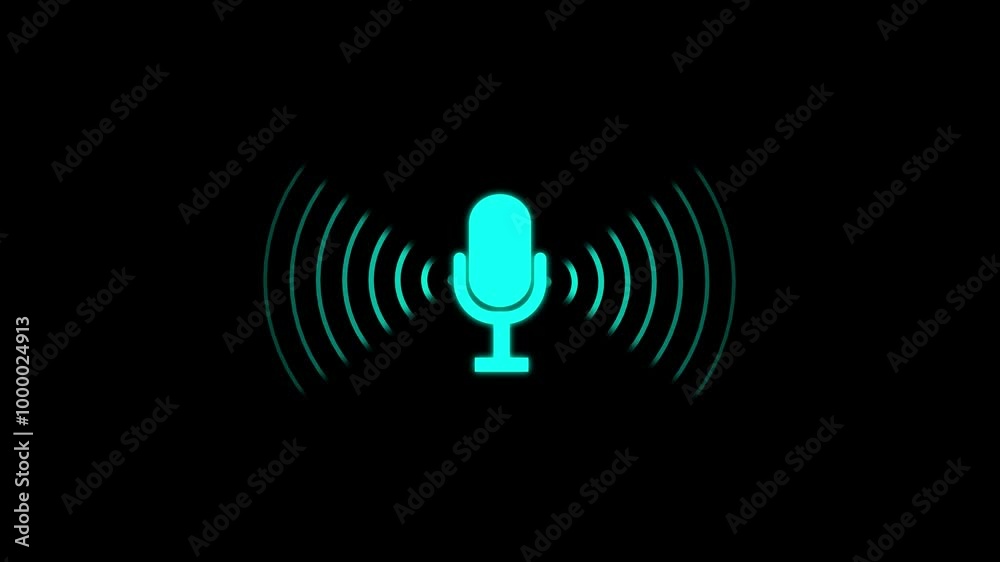 Microphone animation. Sound wave on black background. Voice recording microphone button icon. Sound recorder icon animation. Voice recording podcast microphone icon with digital radio waves. Microphone animation. Sound wave on black background. Voice recording microphone button icon. Sound recorder icon animation. Voice recording podcast microphone icon with digital radio waves.