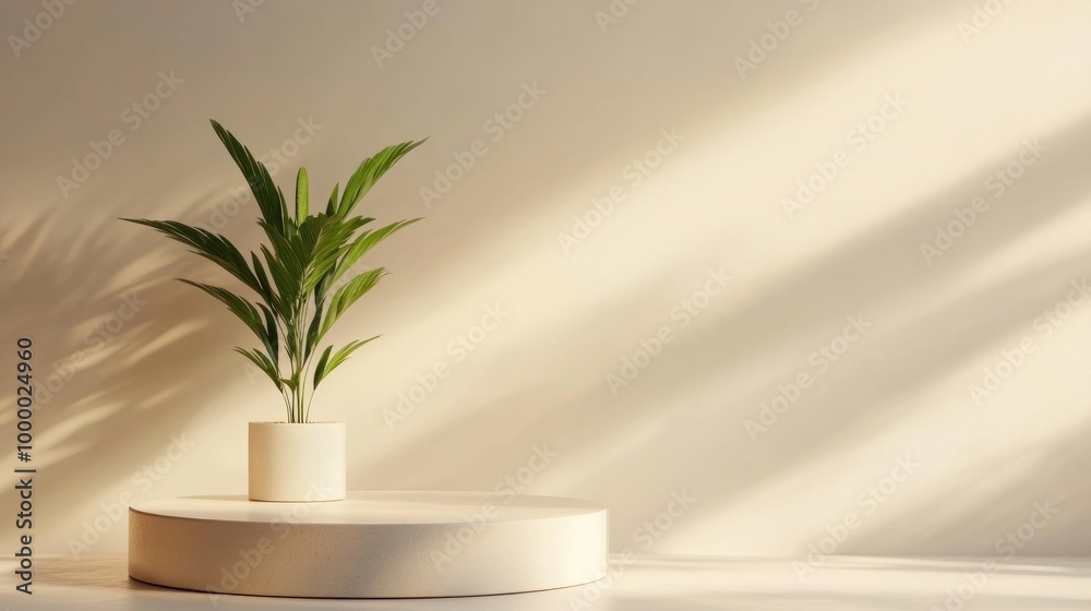 A minimalist display featuring a potted plant on a circular pedestal with soft lighting. A minimalist display featuring a potted plant on a circular pedestal with soft lighting.