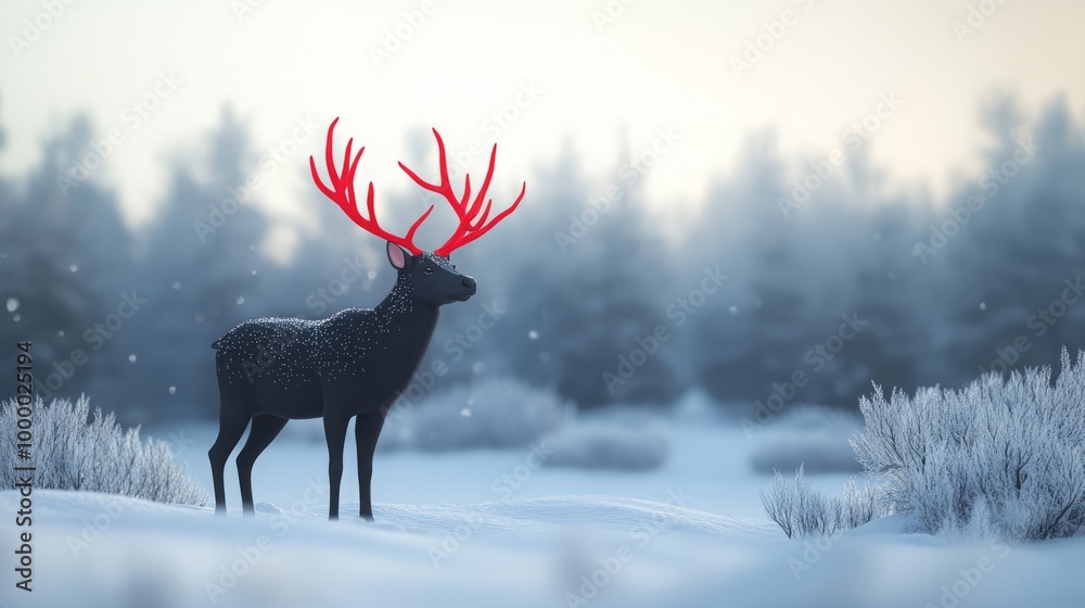 A stylized deer with red antlers in a snowy forest setting. Christmas animal A stylized deer with red antlers in a snowy forest setting. Christmas animal