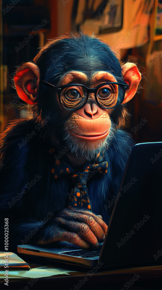 Fototapeta premium Chimpanzee in glasses working on a laptop.