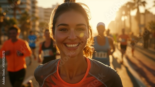 A beautiful woman is running in the marathon, smiling and wearing sportswear, with other runners behind her