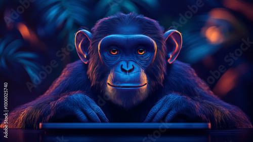 A chimpanzee sits in front of a tablet, illuminated by vibrant blue and orange lights. photo