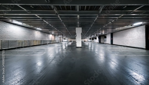 Empty parking lot. The interior of an underground garage with a lot of space for cars. Against the background of dark concrete walls. Cement urban premises in the basement of a shopping center 