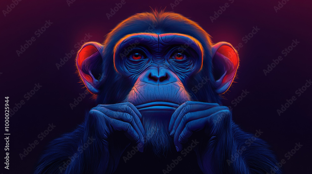 Close-up portrait of a chimpanzee with a pensive expression. Close-up portrait of a chimpanzee with a pensive expression.
