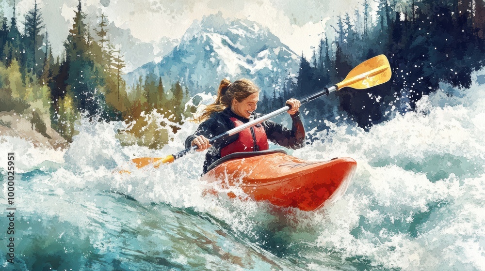A kayaker rafting struggling with water splashes in boat in rapid river in mountain