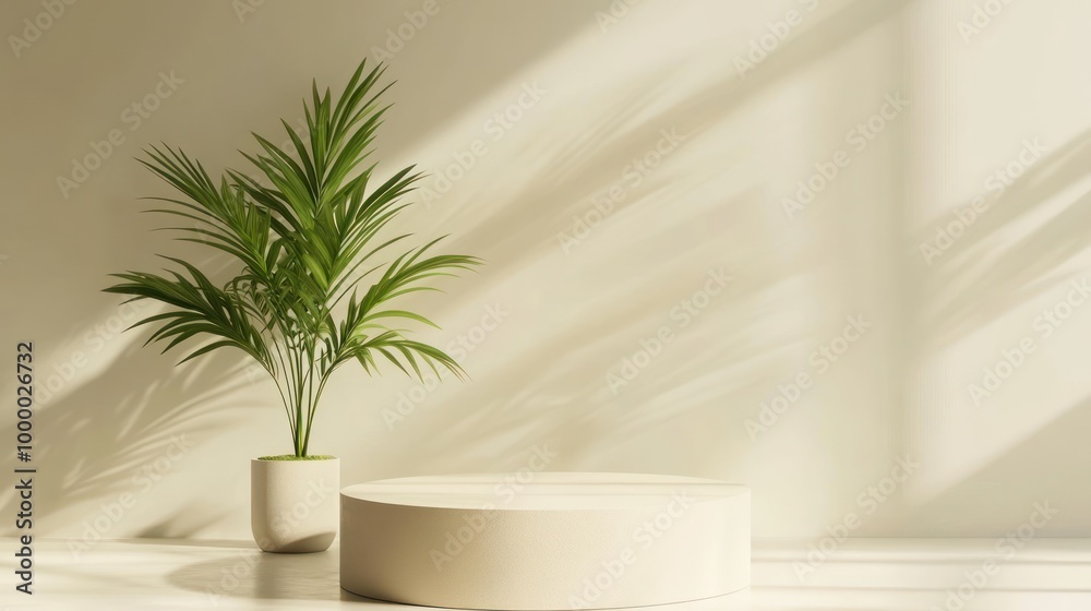 A minimalist interior featuring a potted plant and circular platform with soft shadows. A minimalist interior featuring a potted plant and circular platform with soft shadows.