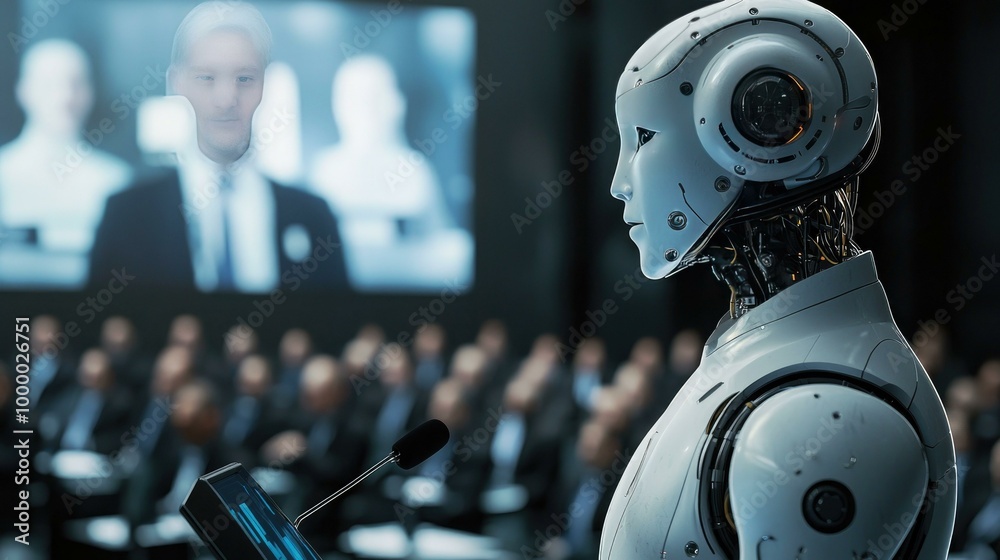 An AI humanoid CEO at a global summit, addressing world leaders on the future of technological advancements, with ample copy space for messages or graphics.