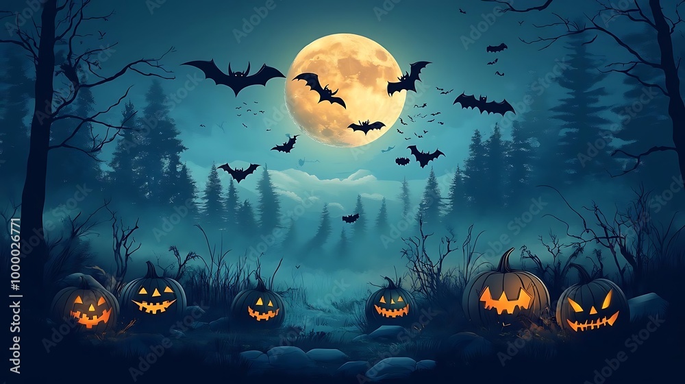 Halloween Jack o Lanterns in Forest with Full Moon and Bats Halloween Jack o Lanterns in Forest with Full Moon and Bats