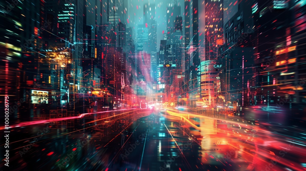 Digital art of an abstract cityscape with glowing neon lights and glitch effects, representing the future of urban technology. Digital art of an abstract cityscape with glowing neon lights and glitch effects, representing the future of urban technology.