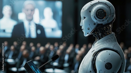 Obraz na płótnie An AI humanoid CEO at a global summit, addressing world leaders on the future of technological advancements, with ample copy space for messages or graphics. w salonie