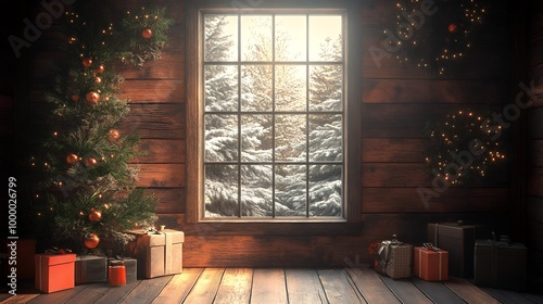 Cozy cabin interior with Christmas tree, wreaths, and gifts by a window overlooking snowy trees. Warm holiday atmosphere for Christmas celebration design and print