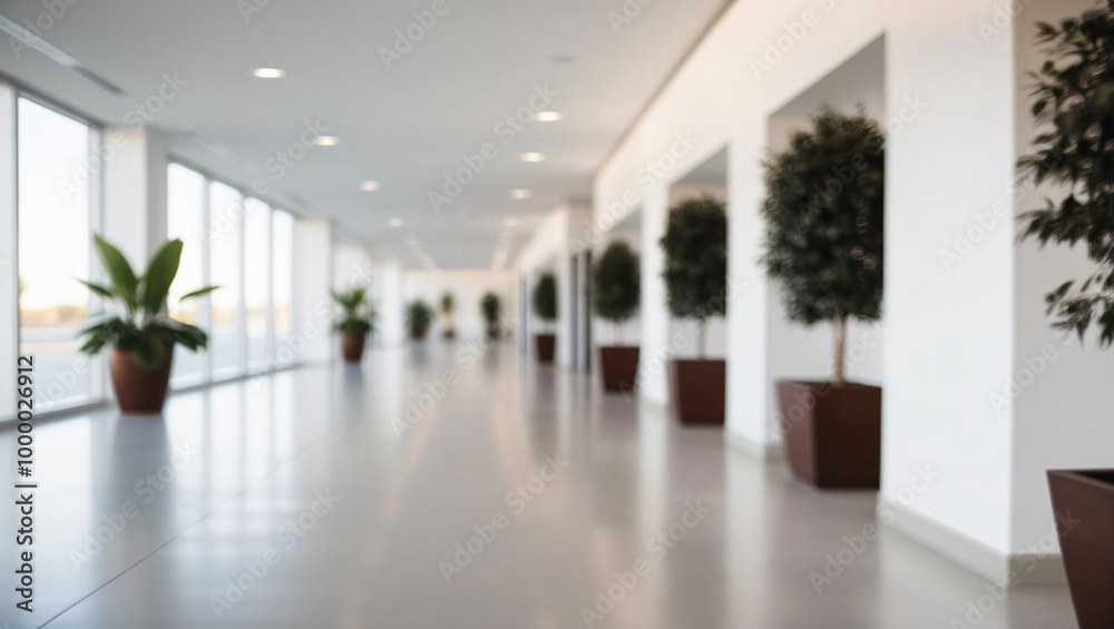 Modern Office Hallway with Blurred Figure Modern Office Hallway with Blurred Figure