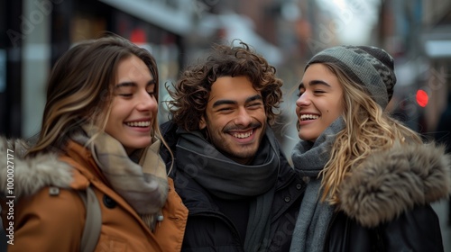 Three friends in winter laughing and posing for the camera on an urban street