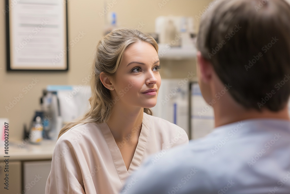 A patient sits with a surgeon during a post-surgery follow-up, as the surgeon gently examines the healing process. Medical charts and equipment in the background create a professional atmosphere with A patient sits with a surgeon during a post-surgery follow-up, as the surgeon gently examines the healing process. Medical charts and equipment in the background create a professional atmosphere with