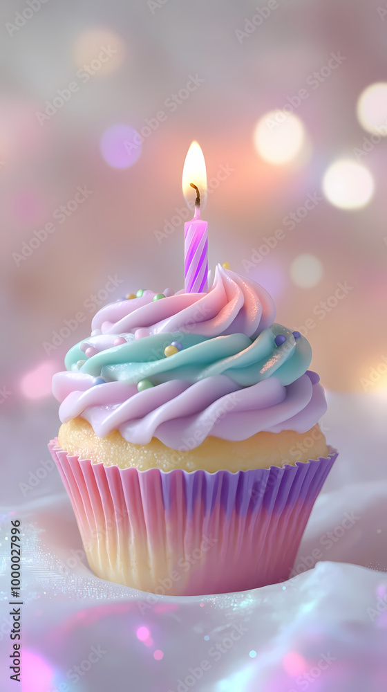 Warm candlelight on a rainbow cupcake Warm candlelight on a rainbow cupcake