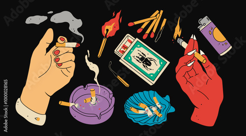 Various smoking accessories. Hand with cigarette, demonic red hand, matches box, ashtray. Hand drawn Vector illustration. Isolated design templates. Smoking tools, bad habit, addiction concept