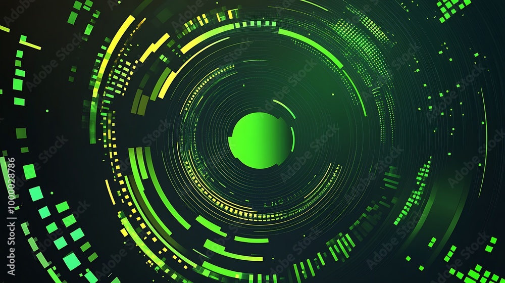 Abstract green and yellow circles pattern in a black background with a circular design. Abstract green and yellow circles pattern in a black background with a circular design.