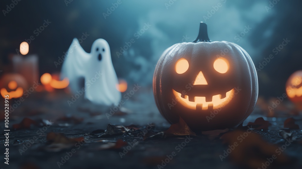 Spooky Halloween scene with a glowing jack o'lantern and a ghost in a foggy, eerie atmosphere, surrounded by candles and fallen leaves. Spooky Halloween scene with a glowing jack o'lantern and a ghost in a foggy, eerie atmosphere, surrounded by candles and fallen leaves.