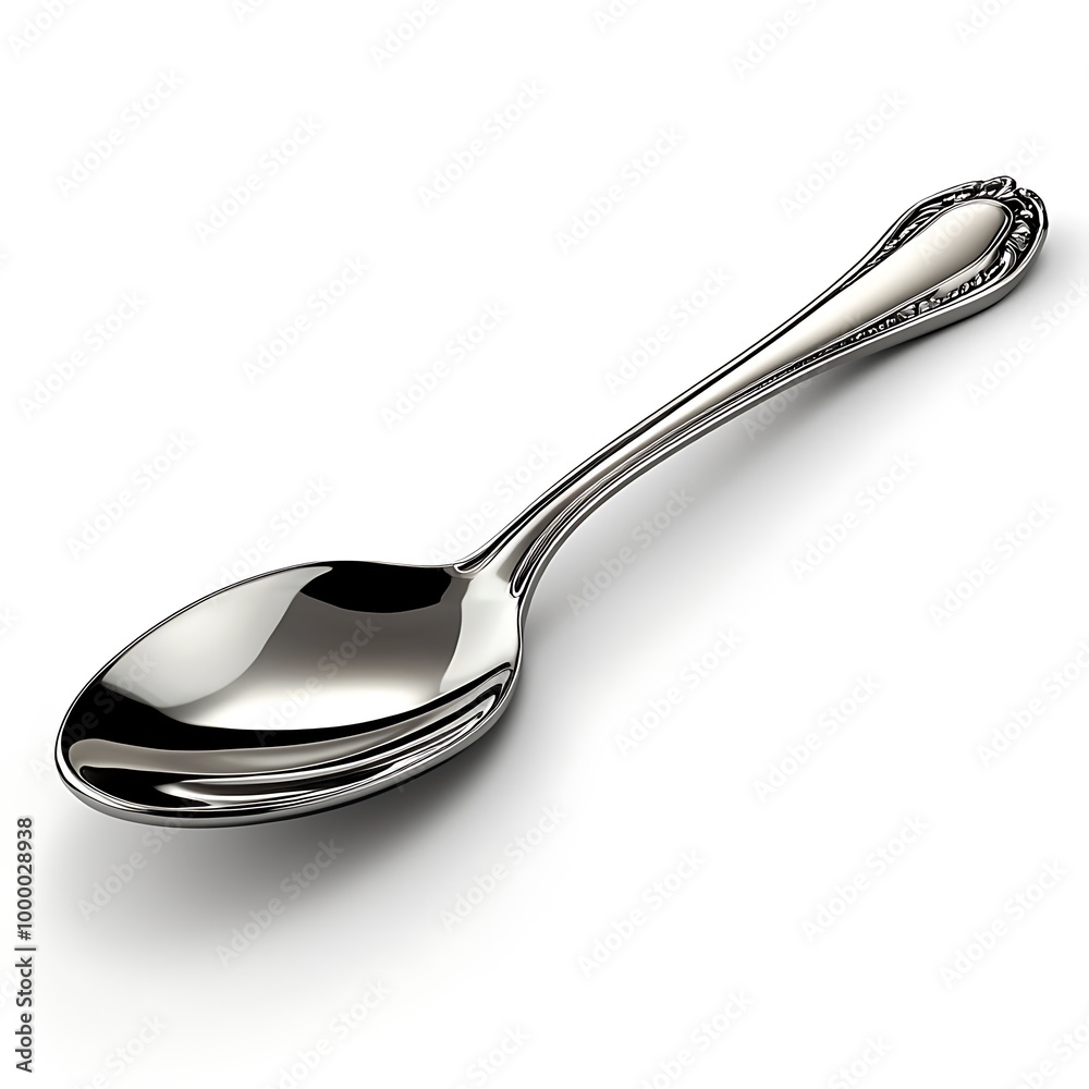 A shiny silver spoon, polished and pristine, gleams against the pure white backdrop. A shiny silver spoon, polished and pristine, gleams against the pure white backdrop.
